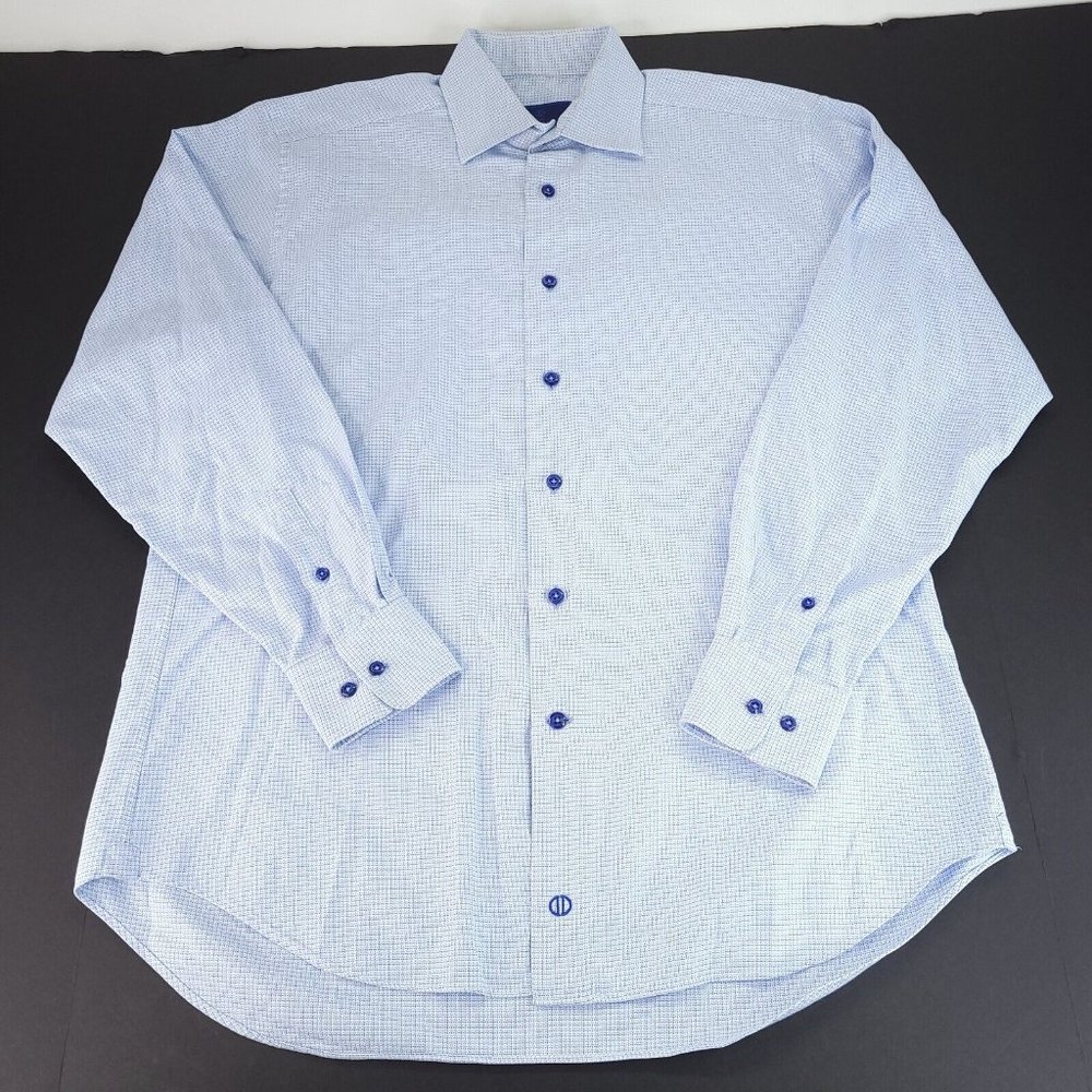 David Donahue Shirt Mens 16 34/35 White Blue Nailhead Check Pattern Navy Buttons